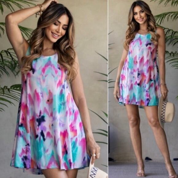 Women's Lightweight A-Line Mini Shift Flowy Swing Dress with Pockets in Tie Dye - Picture 12 of 12